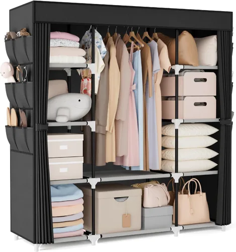 Miniatura 11 de VTRIN Armario Portátil Guardarropa Armario para Colgar Ropa con 4 Estantes de Almacenamiento, 2 Varillas para Colgar y 6 Bolsillos, Perchero Estable