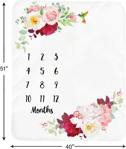 Miniatura 4 de Manta de hito mensual para bebé niña, manta floral para el mes del recién nacido, regalo personalizado para ducha, forro polar de felpa suave