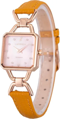 Miniatura 6 de LANZOOM Reloj de cuarzo para mujer, elegante esfera cuadrada de gradación de cristal nacarado, correa de cuero ajustable marrón y amarillo