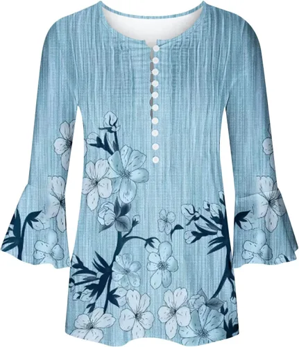 Miniatura 33 de Ceboyel Blusa tipo túnica con estampado floral para mujer, con botones, estilo Henley, con manga de codo, casual, trajes de moda para mujer
