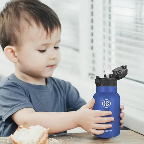 Miniatura 7 de Han's Bottle Botella de agua para niños con tapa con pajilla, vaso reutilizable de acero inoxidable aislado para niñas, niños, taza térmica, 12 Azul