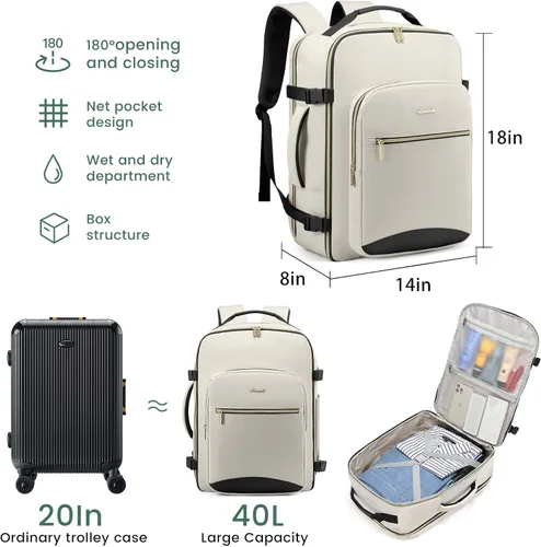 Miniatura 3 de LOVEVOOK Mochila de viaje grande de 40L para mujeres y hombres, mochila de mano de 17 pulgadas para viajar en avión, bolsa de viaje para artículos
