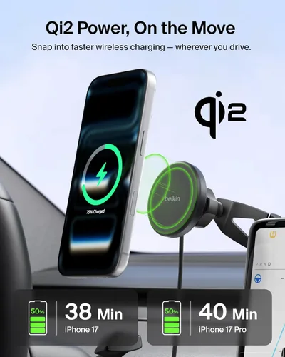Miniatura 2 de Belkin Soporte de teléfono Tesla, soporte magnético inalámbrico para automóvil para vehículos eléctricos (imán fuerte) con cable USB C de 3.3 pies