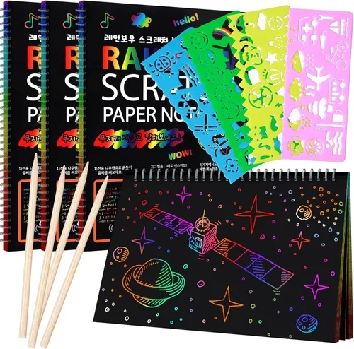 Paquete de 4 cuadernos de dibujo Scratch Arts para niños, juego de papel de dibujo grande de arco iris para suministros de arte para niños (con 4