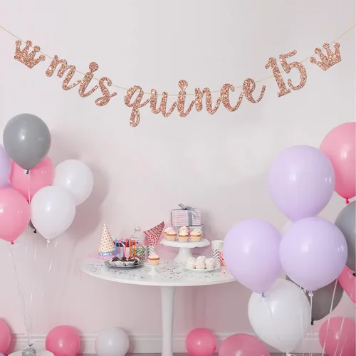 Miniatura 7 de Cartel de membrillo Mis 15, decoraciones para fiesta de cumpleaños de 15 años, pancarta de quince signos, decoraciones de fiesta de cumpleaños 15