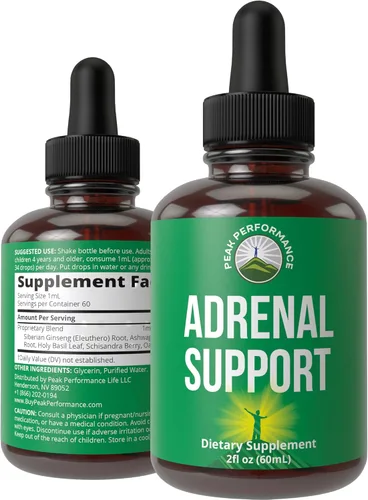 Peak Performance Suplementos de apoyo suprarrenal para restaurar la energía de la fatiga suprarrenal. Complejo de gotas líquidas para mujeres y