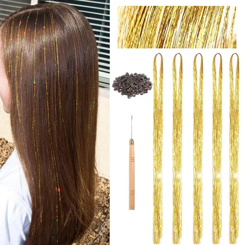 Miniatura 15 de Kit de oropel para el cabello, 18 colores de 48 pulgadas, extensiones de cabello de oropel de hadas resistentes al calor con herramientas, CC