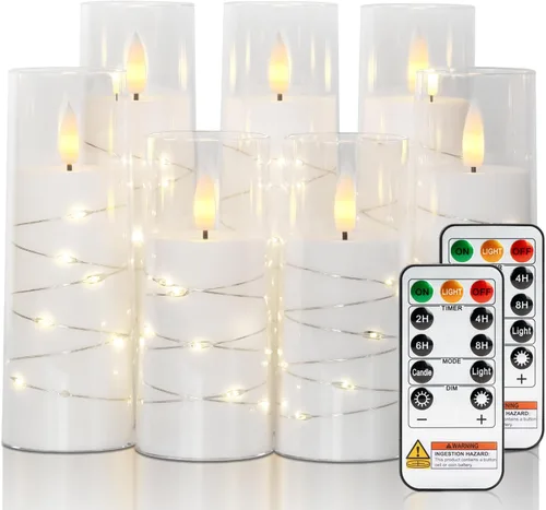 Miniatura 11 de Raycare Vela sin llama con temporizador remoto, 7 velas LED de acrílico parpadeantes con cuerda de estrella integrada para Navidad, boda, decoración