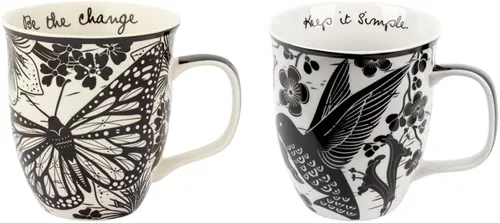 Karma Taza bohemia de 16 onzas con diseño de mariposa y colibrí, color blanco y negro, bonita taza de café y té, cerámica, 16 onzas, apta para