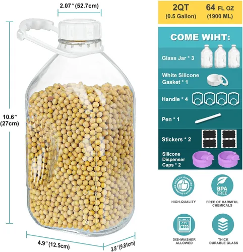Miniatura 2 de Ritayedet Paquete de 3 Botellas de Leche de Vidrio Resistente de 64 Oz con 2 Boquillas de Silicona, 4 Asas y 4 TAPAS DE ROSCA Herméticas