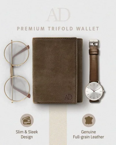 Miniatura 44 de Billetera de triple pliegue con RFID, cuero genuino, delgado, con ventana de identificación, bolsillo frontal, regalo para hombre