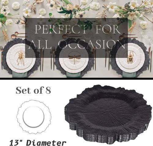 Miniatura 3 de MAONAME Juego de 8 platos base redondos negros de 13 pulgadas, bajoplatos de arrecife para platos de cena, platos base de plástico para boda