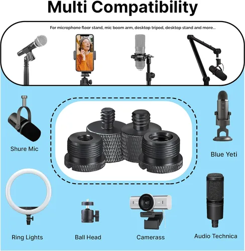Miniatura 8 de IXTECH Juego de adaptadores de soporte de micrófono, kit de adaptador de soporte de micrófono de metal de 8 piezas, adaptador de rosca de 3/8 a 5/8