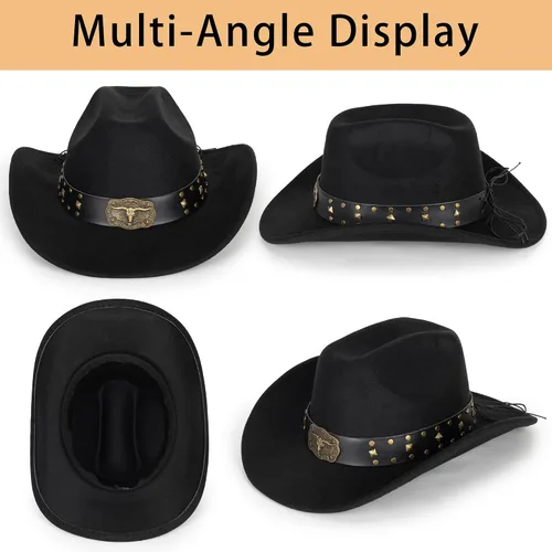 Miniatura 21 de Sombrero de vaquero clásico de fieltro occidental para mujeres y hombres de ala ancha con hebilla de cinturón (tamaño: mediano-grande)