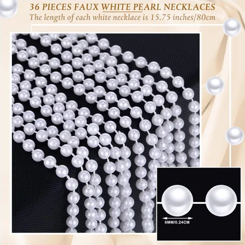 Miniatura 2 de Paquete de 36 collares largos de perlas falsas, joyería de disfraz a granel para mujer, perlas blancas de los años 20, collar con cuentas de perlas