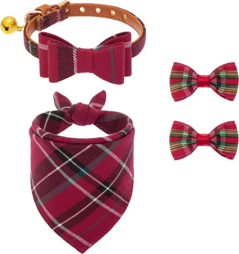 Miniatura 11 de PUPTECK Juego de collar y bandana para perro, paquete de 3 pinzas ajustables para el pelo de mascotas con pajarita y campanas, piel sintética suave