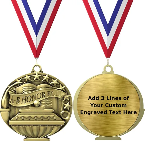 Miniatura 5 de Express Medals Pack of 10 (or More) Engraved Scholastic Honor Roll Award Medals with RWB Neck Ribbons
