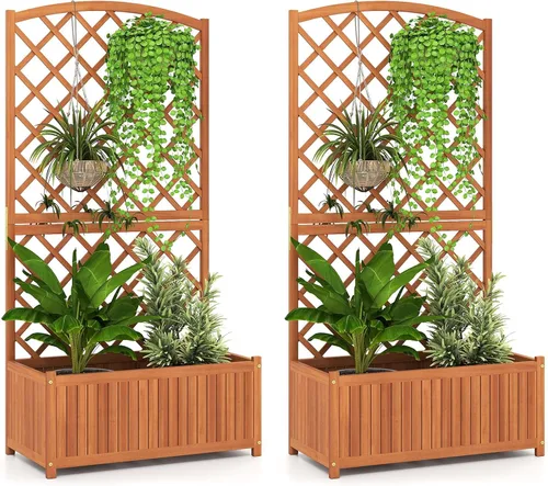 Miniatura 10 de Maceta de Jardín de Madera Giantex con Enrejado, Cama Elevada de 180 cm para Jardín, Enrejado Alto para Plantas Trepadoras y Flores, Maceta
