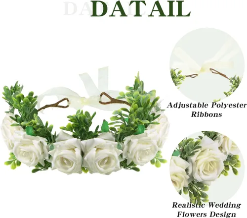 Miniatura 3 de Honoson Collar de flores de boda para perro, corona ajustable de rosas blancas artificiales con lazo de cinta, traje de mascota cachorro y gato
