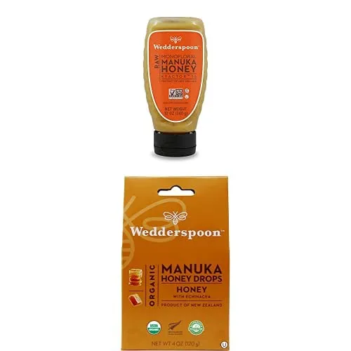 Paquete – Wedderspoon Raw Premium Manuka Honey KFactor 16 botellas exprimibles (12 onzas) y gotas de miel de manuka, miel y equinácea (4 onzas)