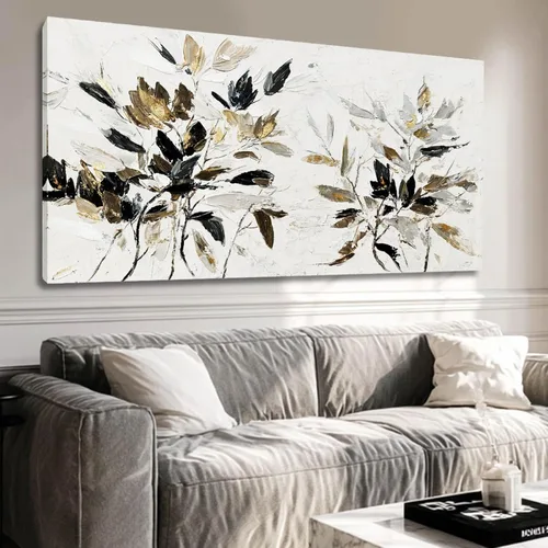 Obra de arte moderna en blanco y negro, arte abstracto de pared para sala de estar, hojas del hogar, lienzo, cuadros de dormitorio, arte de pared