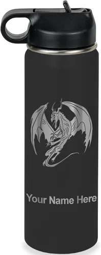 Miniatura 18 de LaserGram Botella de agua con tapa abatible de doble pared de 12 onzas con pajilla, dragón, grabado personalizado incluido (negro)
