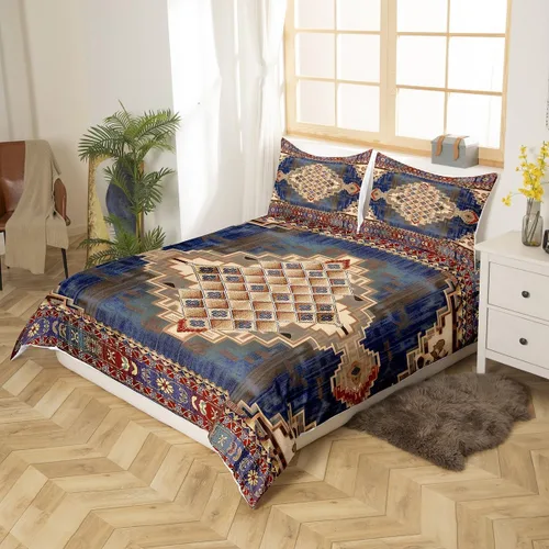 Miniatura 2 de Juego de funda de edredón persa individual, juego de ropa de cama exótica bohemio, azul, amarillo, degradado, rojo, floral, bohemio, tribal, encaje