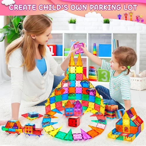 Miniatura 2 de Lotmey 132 Piezas Azulejos Magnéticos con 2 Autos Conjunto Deluxe, Bloques de Construcción Magnéticos 3D, Juguetes STEM Magnéticos Preescolares