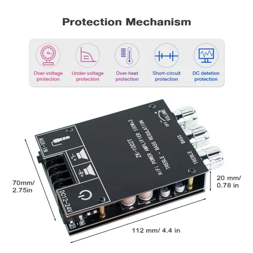 Miniatura 4 de Hosyond ZK-1002T 2x100W Bluetooth 5.0 Amplificador, TPA3116D2 Módulo de amplificador de audio estéreo de 2 canales con control de graves y agudos