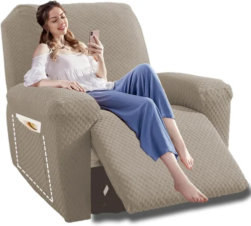 Miniatura 15 de YEMYHOM Funda elástica de 4 piezas para silla reclinable de jacquard con bolsillo lateral, antideslizante, ajustable, protector de muebles con parte