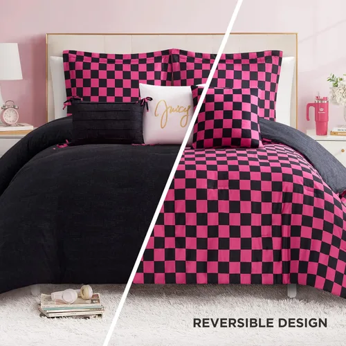 Miniatura 2 de Juego de edredón reversible de cuadros de Juicy Couture, juego de 5 piezas tamaño individual/individual XL, negro/rosa intenso