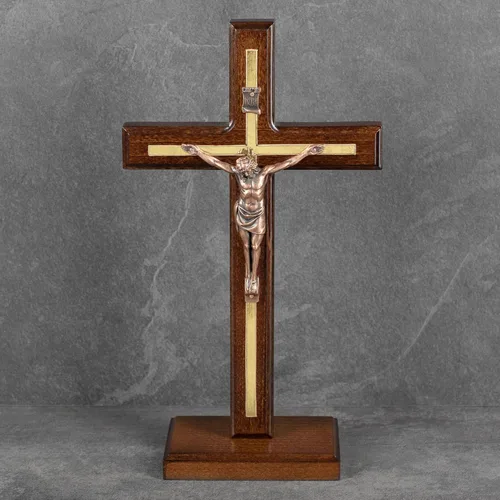 Miniatura 5 de Asterom Crucifijo de San Benito hecho a mano - Cruz de madera de mesa con soporte desmontable - Crucifijo católico de pie único