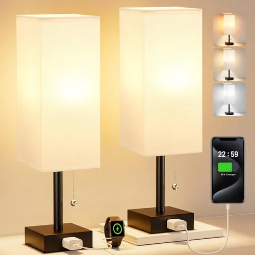 Miniatura 15 de Fenmzee Juego de 2 lámparas de noche para dormitorio, pequeña lámpara rectangular para mesita de noche con puerto de carga USB A C, luz