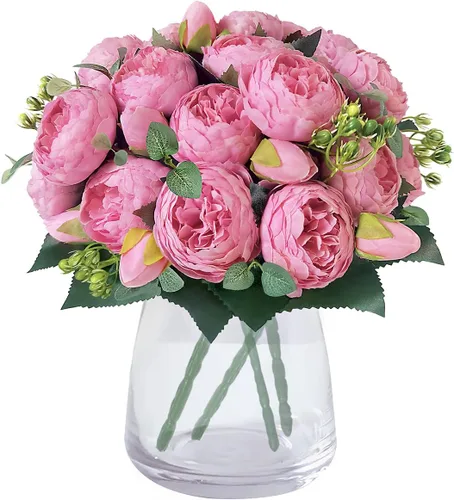 4 racimos de flores artificiales de peonías de seda de 20 cabezas, flores falsas para decoración del hogar, ventana, boda, fiesta (rosa), jarrón no