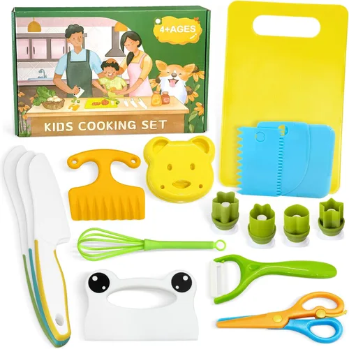 Miniatura 8 de Chanking Juego de cuchillos seguros para niños de 13 piezas para cocina real, herramientas de chef de plástico Montessori, juguetes de cocina