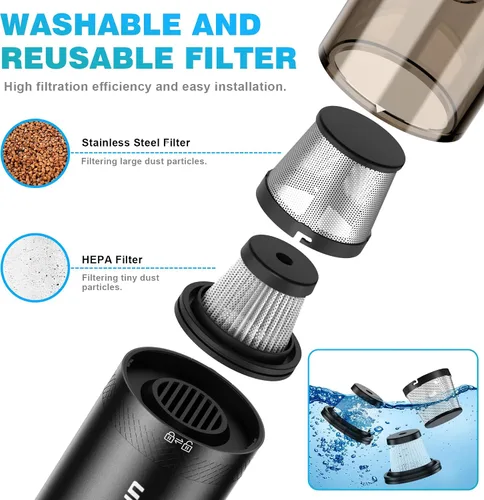 Miniatura 5 de Upbooz Aspiradora de mano inalámbrica con 14000 PA potente succión con luz LED, plumero de aire 2 en 1, aspiradora portátil recargable de bajo ruido