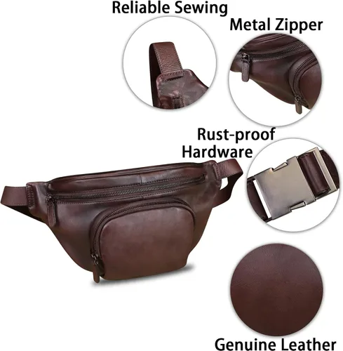 Miniatura 6 de Riñonera de cuero genuino para mujeres y hombres, bolso cruzado de cuero real vintage, bolso cruzado de moda para la cintura, Café, Riñonera