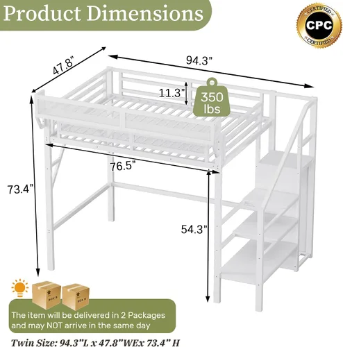 Miniatura 2 de Mirightone - Cama alta tamaño individual con escaleras y almacenamiento, base de cama de metal, estante de noche y gran espacio debajo, resistentes