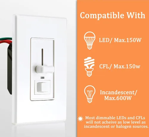 Miniatura 4 de Cloudy Bay Interruptor de atenuación de pared con indicador verde, para luz LED/CFL/incandescente, diapositiva regulable de un solo polo de 3 vías