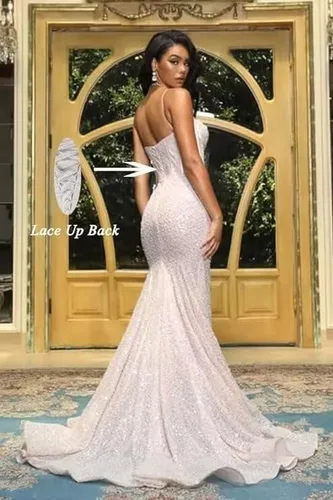 Miniatura 5 de Vestidos de fiesta de sirena con lentejuelas para mujer, con tirantes delgados, brillantes, largos, formales, para fiesta de noche
