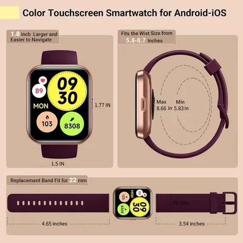 Miniatura 9 de Reloj inteligente para mujer para responder/hacer llamadas, 1.8 pulgadas, reloj con Alexa integrado, monitor de frecuencia cardíaca del sueño