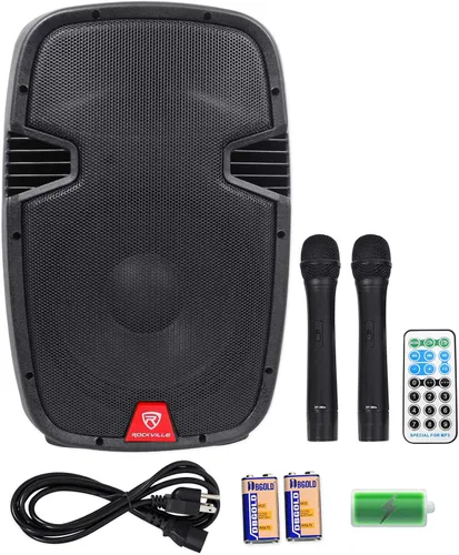 RockvilIe RAM12BT Altavoz PA para DJ de 12 pulgadas, recargable, 600 W, 2 micrófonos, Bluetooth