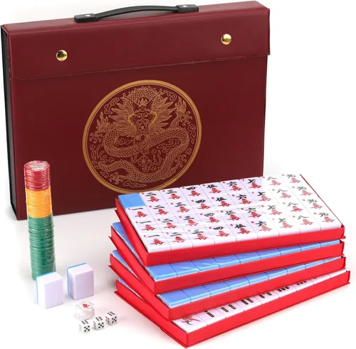 Mose Cafolo Set de Juego de Mahjong Chino 1.5" X-Grande 144 Fichas de Melamina Blanca Azul Numeradas con Estuche de Viaje Portátil, Completo Majong