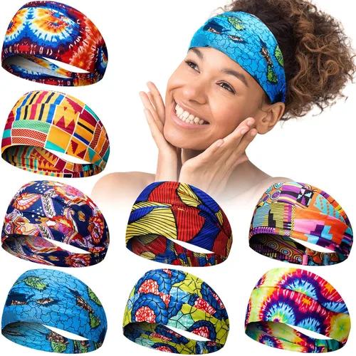 Syhood 8 diademas africanas para mujer, banda ancha elástica con estampado bohemio, para yoga, deportes, entrenamiento, diadema elástica con nudo