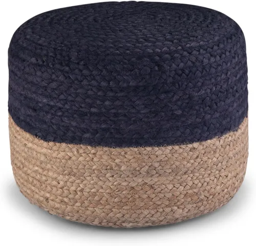 Miniatura 8 de SIMPLIHOME Lydia Puf redondo – 18 pulgadas de ancho trenzado a mano otomano de yute en azul marino y natural, taburete bohemio o asiento adicional
