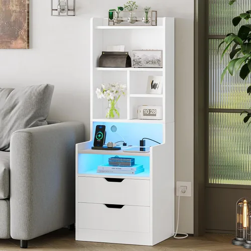 Miniatura 6 de ADORNEVE Juego de 2 mesitas de noche altas, mesita de noche LED con estación de carga, mesita de noche con estantería y cajones, mesas auxiliares