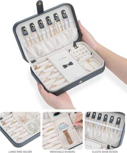 Miniatura 2 de V-LAFUY Caja de Joyería de Viaje para Mujeres, Organizador de Joyería de Viaje, Organizador de Joyería Pequeño Portátil de 2 Niveles para Aretes