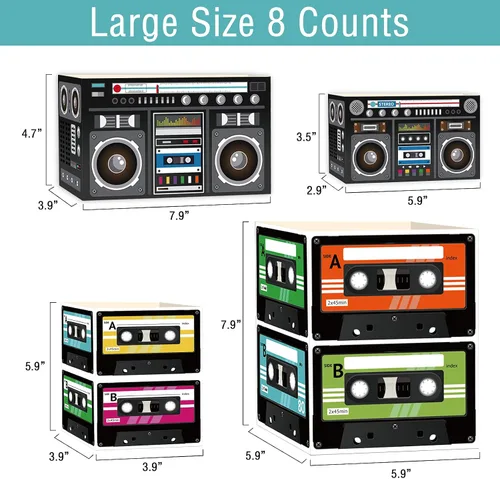 Miniatura 2 de 8 piezas de centros de mesa de casete retro de los años 80, decoración de cubo de vuelta a los años 80 y 90 Hip Hop Radio tema cajas palomitas