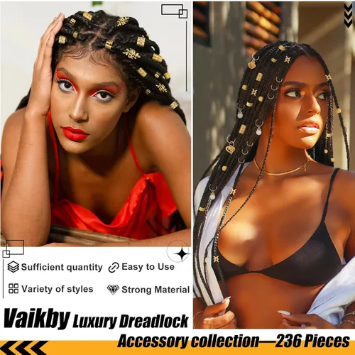 Miniatura 2 de Juego de accesorios dorados para el cabello de 236 piezas: joyas, dijes, anillos y puños para trenzas, rastas, estilos de Loc y peinado rave