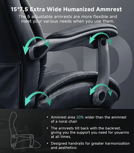 Miniatura 4 de Silla de oficina grande y alta con reposabrazos de área amplia, silla ejecutiva de piel sintética de 600 libras, soporte lumbar ajustable de 3